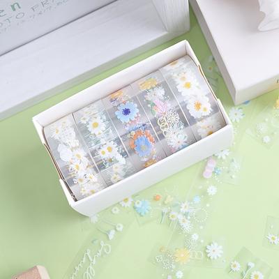 1 Set/5 Rollen Transparente Dekoklebebänder, Selbstklebende Dekorative Masking-Sticker mit Blumen-Gänseblümchen-Muster, Klarsichtband für DIY Scrapbooking