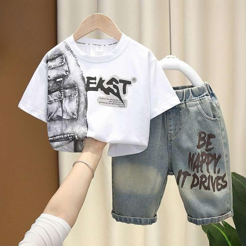 

Boys Summer Trendy Patchwork Short Sleeve T-Shirt Denim Shorts 2-Piece Set Kids Casual Printed Outfit 90cm білий