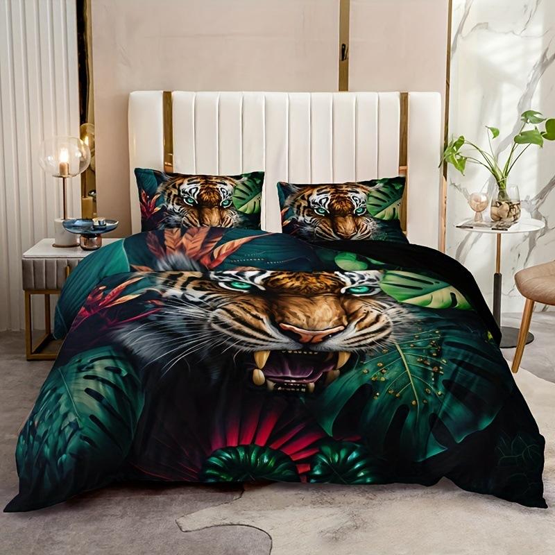 Duvet Cover, Tiger Tropical Plant Kit, Three-Piece Set, Bedding, All-Season Quilt Cover