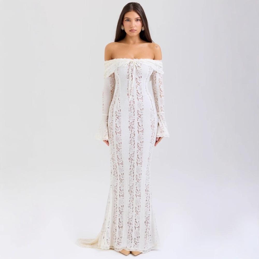 Women's Off Shoulder Long Sleeve Mermaid Maxi Dress Slim Fit High Waist Elegant Lace Wedding Guest Evening Dress