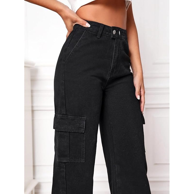 GRECIILOOKS Womens Cargo Denim Regular Fit Jeans (Black, 28)