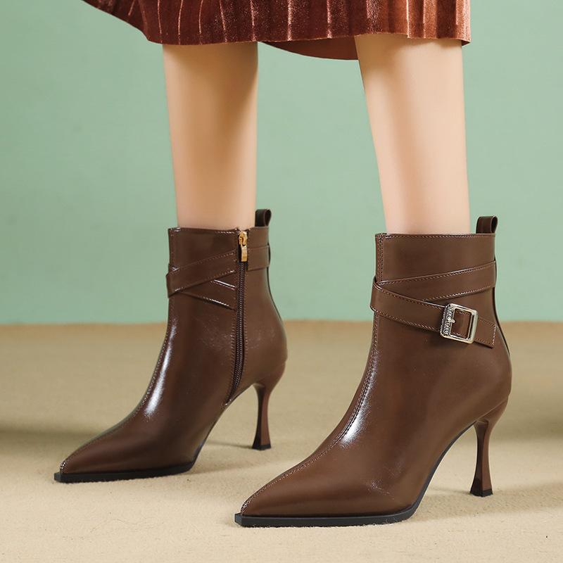 Thin heel Martin boots women's autumn and winter beautiful short boots design sense belt buckle pointed side zipper high heel boots