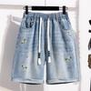 DIMANAF 2026 Summer New Plus Size Women Embroidered Floral Denim Shorts Casual Elastic Waist Short Pants Jeans