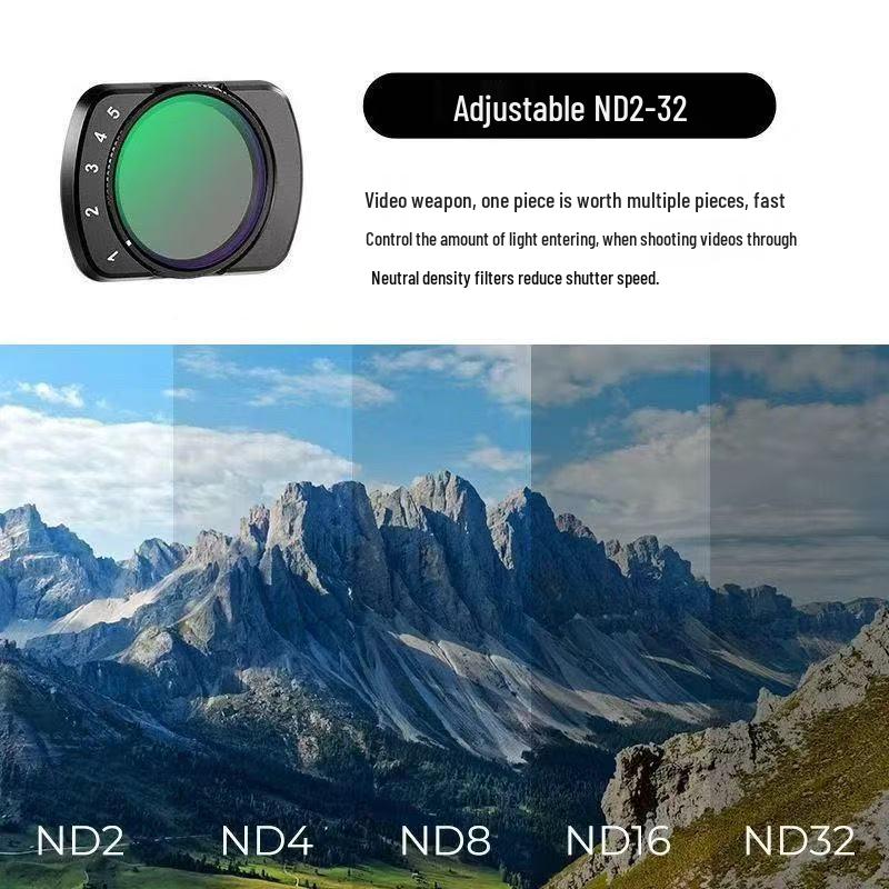 DJI Pocket 3 Filter Set: Wide-Angle, UV, Black Soft, ND Dimming, Light Transmission, and Brightness Adjustable Filters.