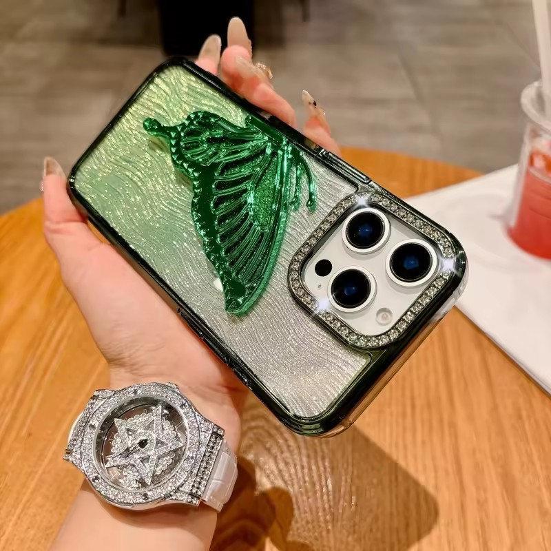 Luxury Bling Butterfly Bracket Transparent Case For iPhone 16 Plus 15 14 13 12 Pro Max 11 Plating Shiny Gradient Diamond Cover