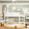 Bunk Children Bed, 90 x 200 cm, Low Bunk Single Bed, Loft Bed with Stairs, Solid Wood Frame, Wood Color