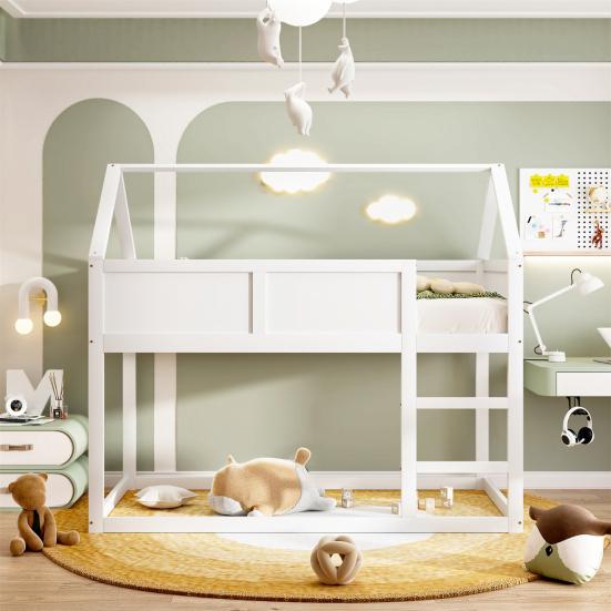 Bunk Children Bed, 90 x 200 cm, Low Bunk Single Bed, Loft Bed with Stairs, Solid Wood Frame, Wood Color