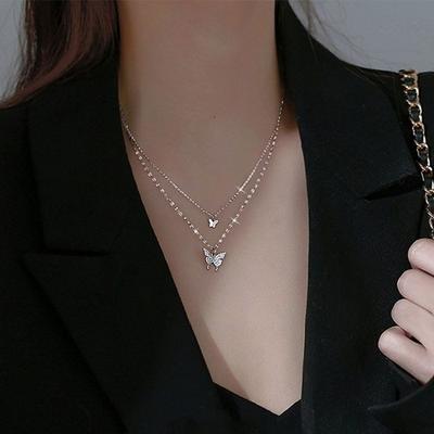 2-row Butterfly Mixed Chain Necklace, Cubic Butterfly Necklace, Women's Necklace, Women's Necklace, Layered Necklace, Pretty Necklace
