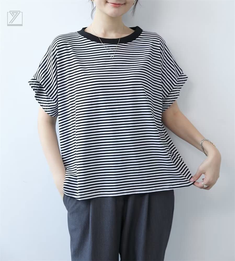 Maglietta da donna [Kayiyasu] a maniche corte e larga, da tutti i giorni, autunnale, a righe, top, manica, camicia, a righe, cucita, vestibilità, casual, morbida, per il pendolarismo, da indossare,