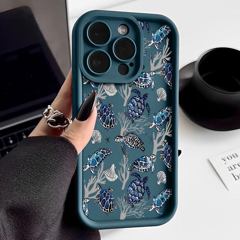For iPhone 16 Pro 16E 15 Pro Max 14 13 12 11 Phone Case Shell Coral Turtle Pattern Anti-Fall Lens Protection Matte TPU Shockproof Soft Bumper Cover