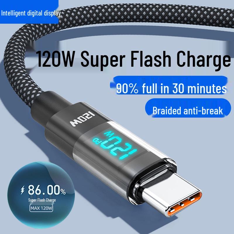 120W Type-C Super Flash Charge Car Charger Cable for Apple, Huawei, Vivo, Oppo, Xiaomi