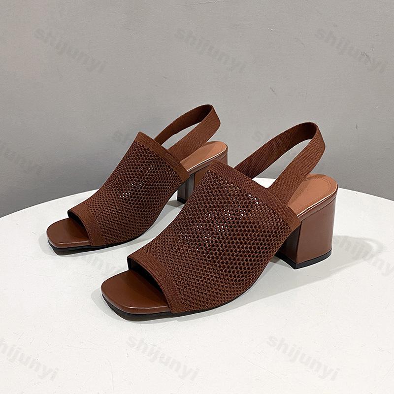 Women's High Heel Sandals Summer 2025 New Breathable Knitted Fashion Sandals Comfortable Square Toed High Heels Plus Size 35-42