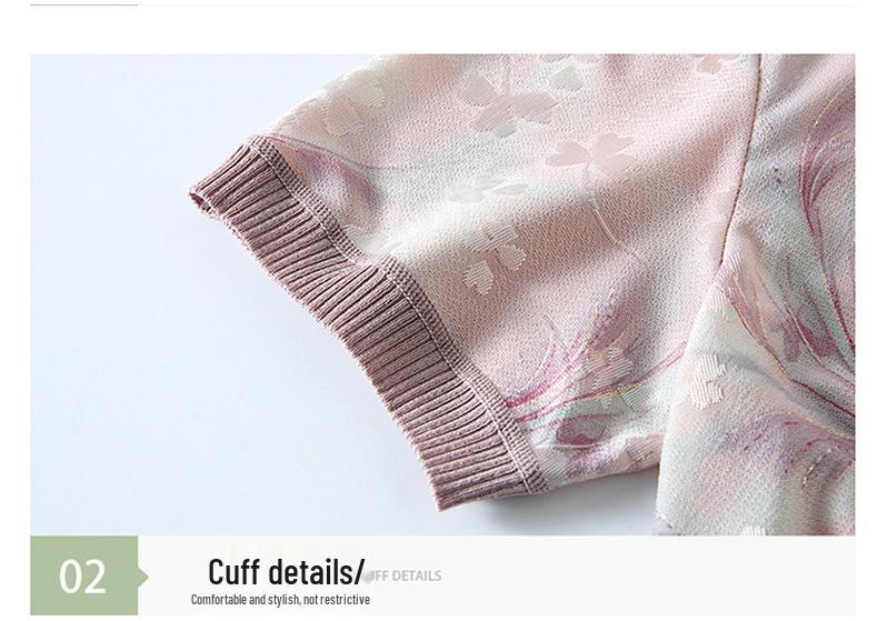Modern Summer Ice Silk Printed T-shirt for Mid-Aged Women - Short Sleeve Lapel Top