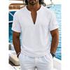 Men Stand Collar Deep V Neck Short Sleeve Linen Blend Casual T Shirt