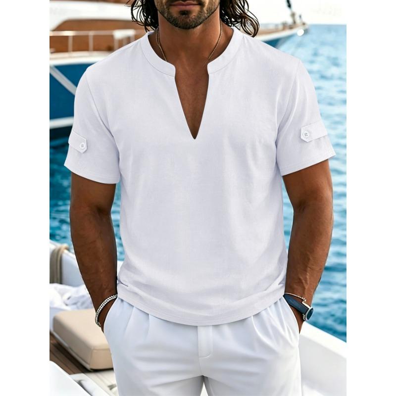 Men Stand Collar Deep V Neck Short Sleeve Linen Blend Casual T Shirt