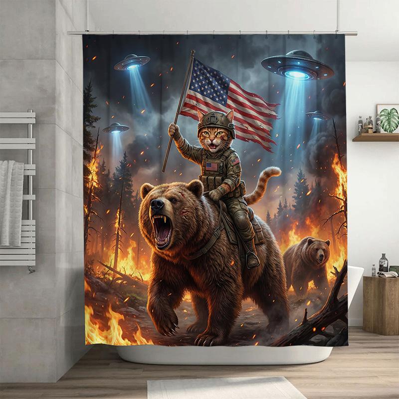 

Patriotic Cat Riding Bear Shower Curtain American Flag Ufo Galaxy Fabric Bathroom Decor With Hooks Funny Art Bath Curtain W60H190(CM)-1 Pcs