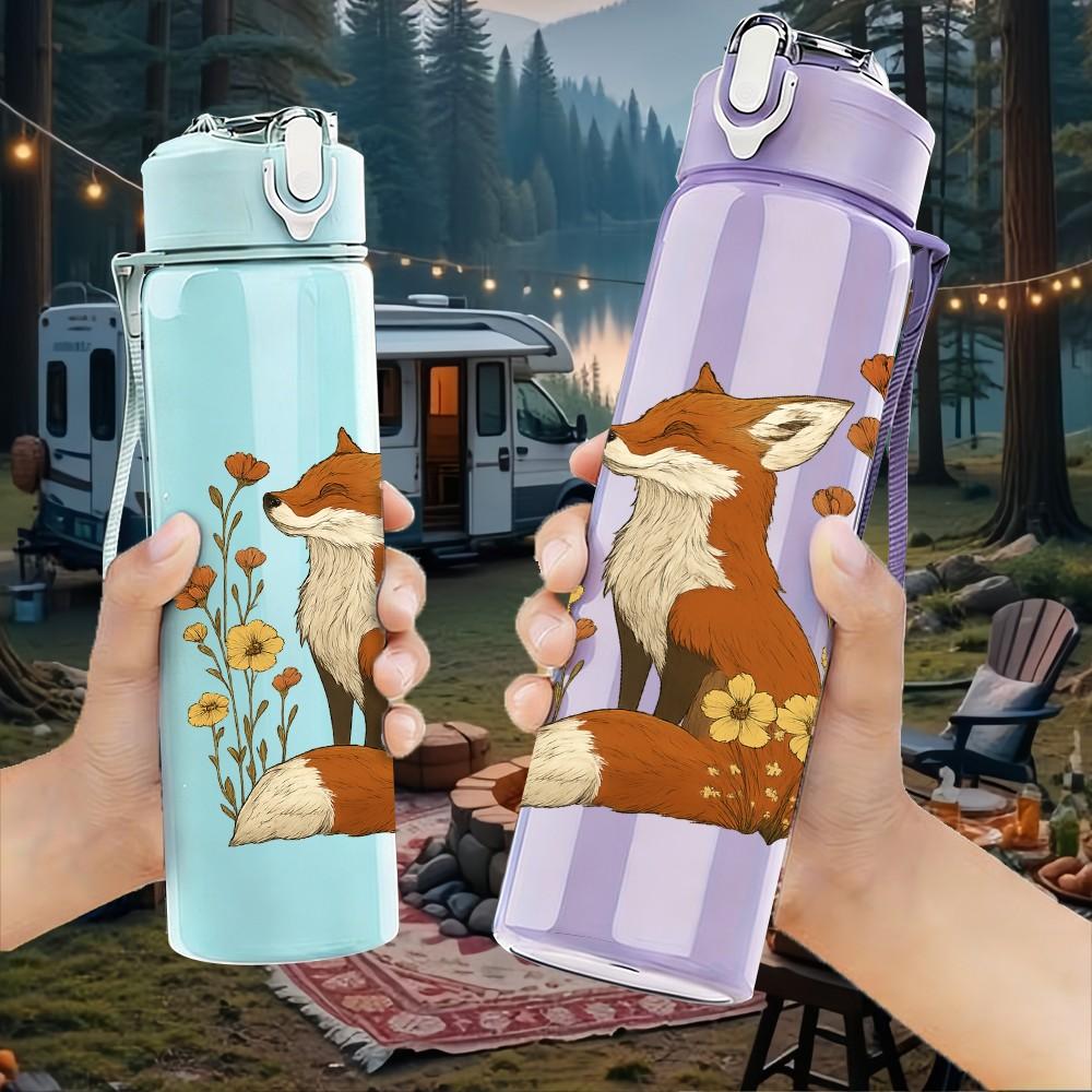 1PC Autumn Floral Fox Portrait 750ml Color Plastic Sports Water Bottle Leakproof Flip Straw Lid Suitable for Sports Office Home Use