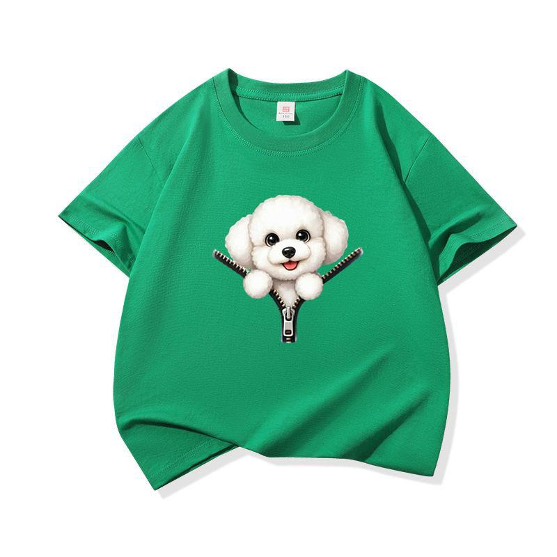 Kids Cotton T Shirt Cute Bichon Frise Puppy Dog Zipper Print Crew Neck Short Sleeve Tee Casual Boys Girls Summer Tops