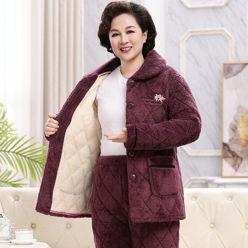Women's Super Thick Three-Layer Velvet Pajamas - Winter Coral Fleece Quilted Homewear for Adults