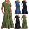 Women Summer Dress Short Sleeves Round Neck Loose Hem Pleated A-line Pockets Mid-calf Length Female Clothing Flowy Sundress