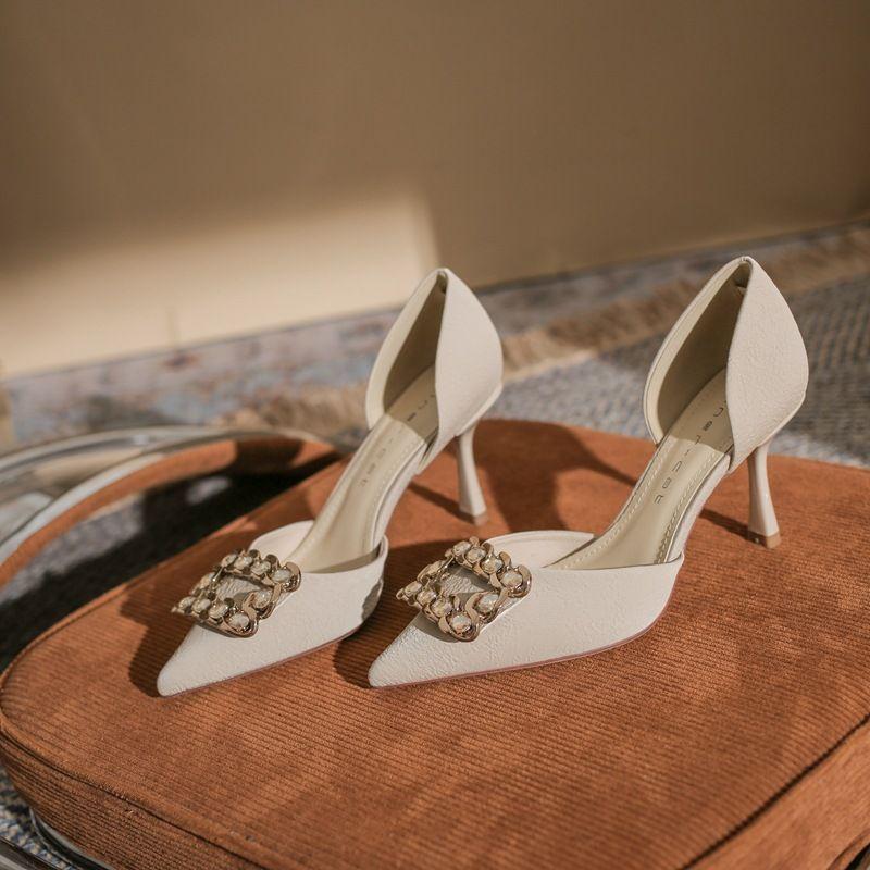 Black Small High Heels Female Cat Heel Not Tired Feet Pointed 2025 New French Rhinestone Square Buckle Hollow Shallow Mouth Spring and Summer