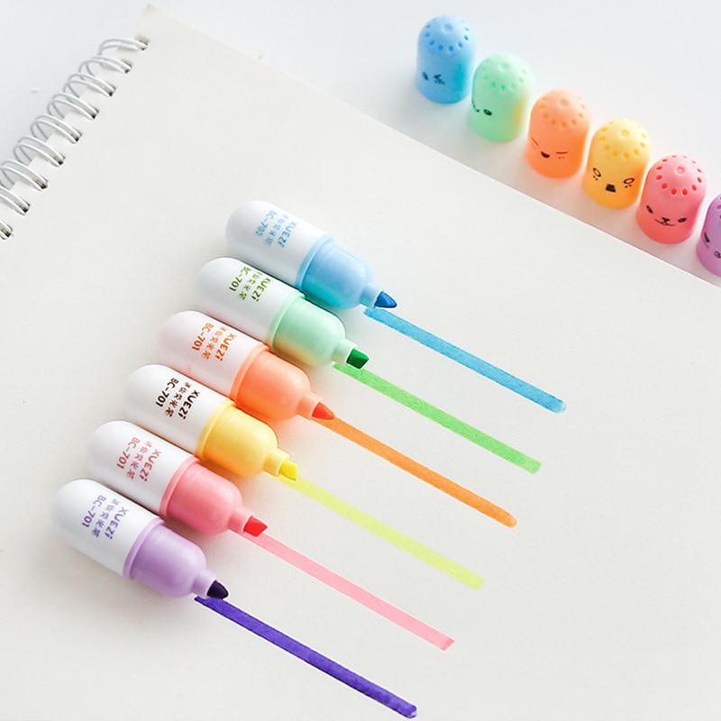 6 Pcs/lot Capsules Highlighte Vitamin Pill Highlight Marker Color Pens Stationery Office School
