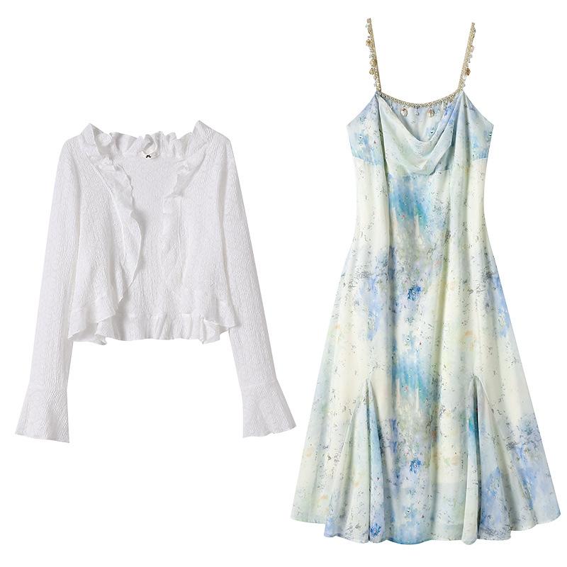 

Женское весенне-летнее облегающее платье большого размера, французское высококлассное милое платье-халтер, вязаный кардиган в комплекте 6XL