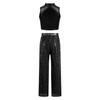 Kids Jazz Dance Costume Sleeveless Mock Neck Metallic Top and High Waist Sparkle Sequin Pants for Stage Competition