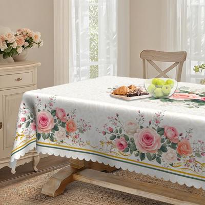 European Rectangular Dining Table Cloth, Beige Pink Rose Waterproof And Oil-Proof Tablecloth, Household Round Dining Table Cloth