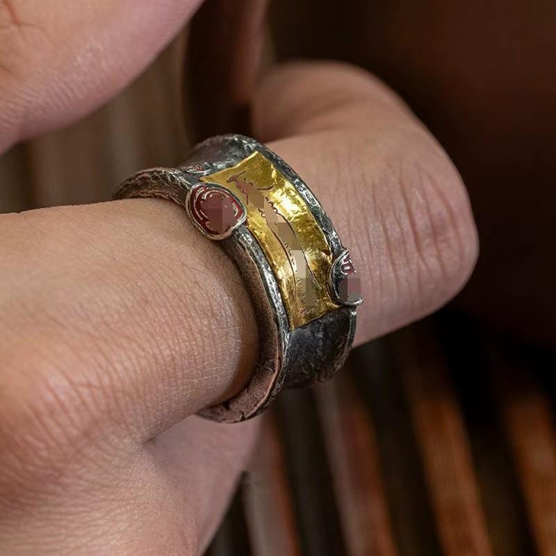 Adjustable Open Ring Men Women Vintage Chinese-Inspired Copper Signet With Auspicious Script Retro Boho Jewelry