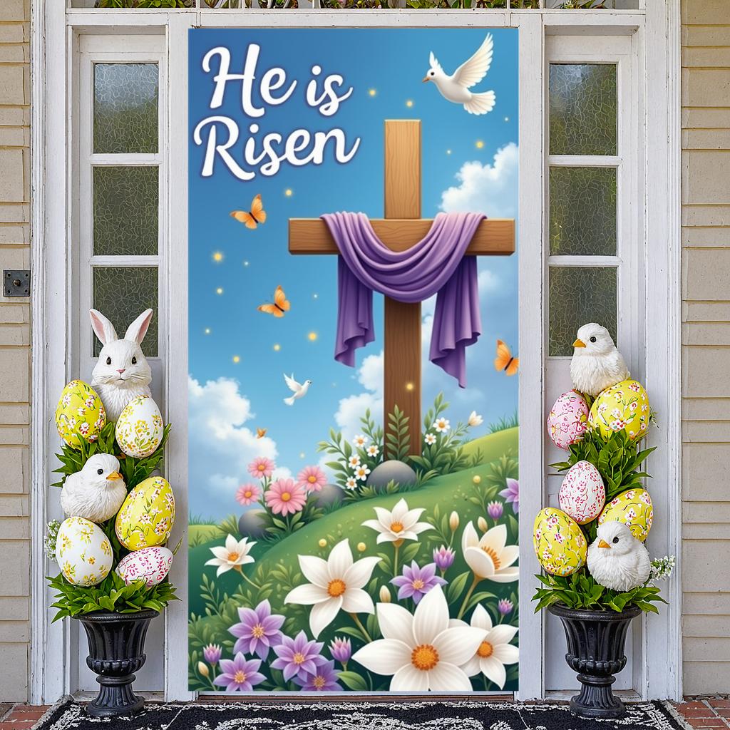 Resurrection Banner Floral Design He Is Risen Banner Easter Display Blue Sky Jesus Risen Banner For Worship Event Resurrection