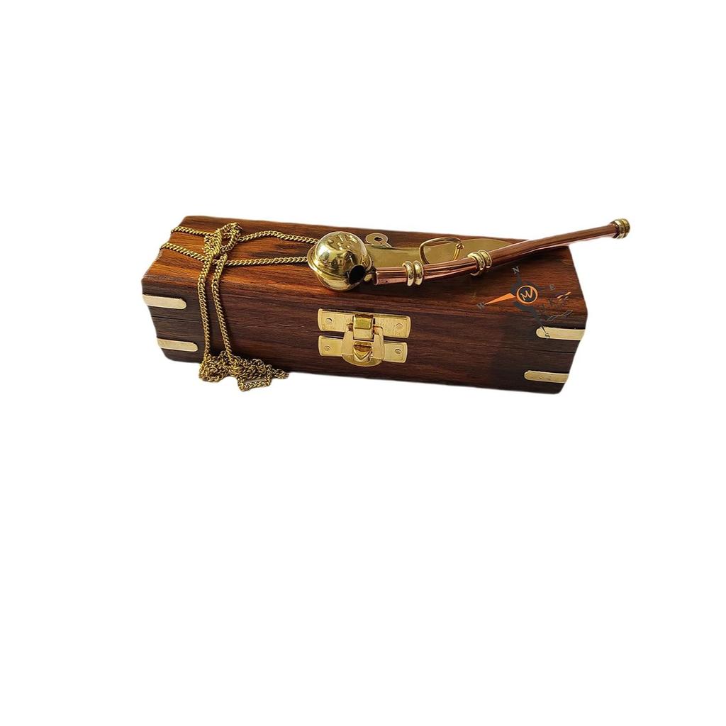 Nautical Maritime Brass/Copper Boatswain Whistle-Bosun Call Pipe~with Sheesham Wood Box