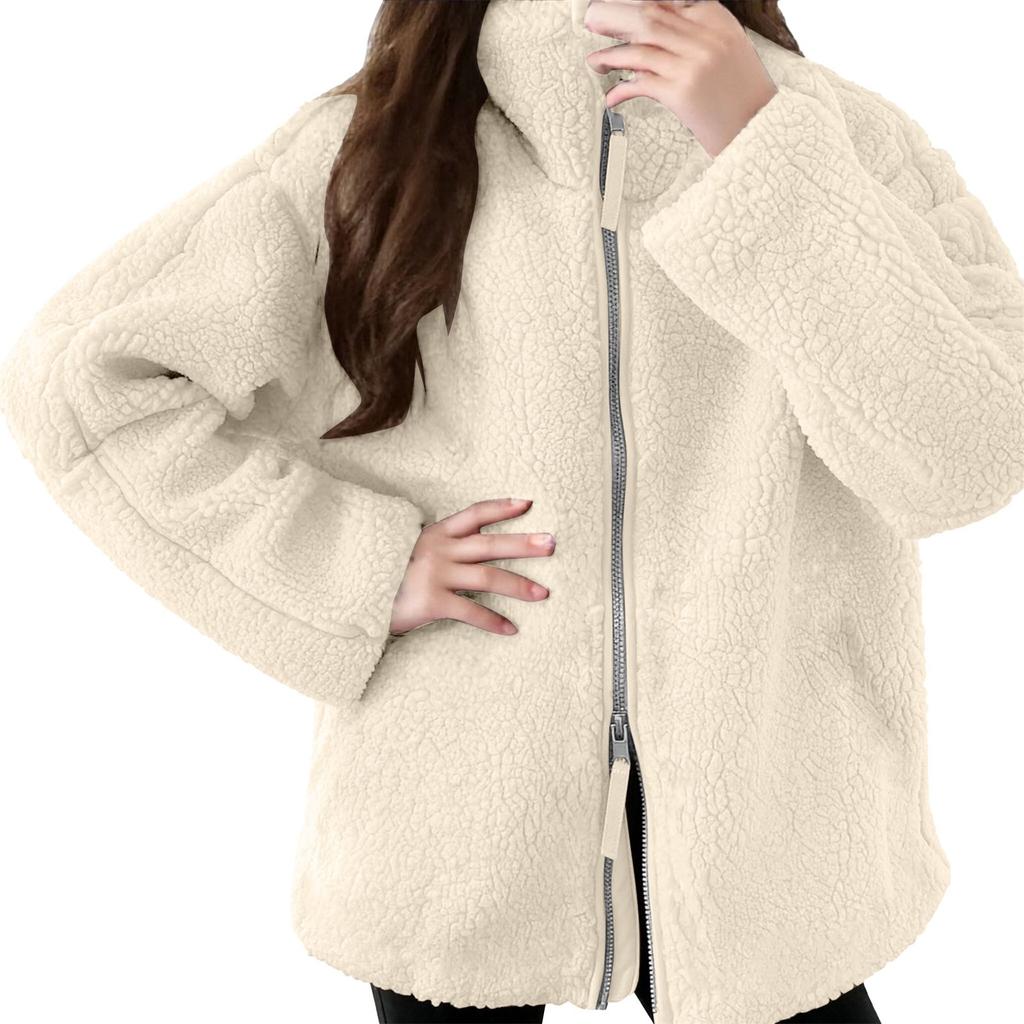 Nowy Jesienno-zimowy Styl Damski Jednokolorowy Luźny Wełniany Płaszcz z Wysokim Dekoltem Wykonany z Wełny Jagnięcej