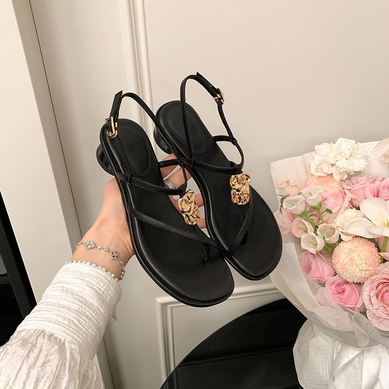 

Весна/лето 2025~ Французские потрясающие босоножки на среднем каблуке женские летние фея носок тонкий ремешок толстый каблук римские сандалии 39 чёрный