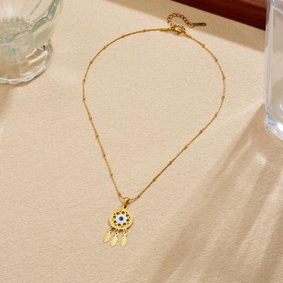 Gold Plated Stainless Steel Dreamcatcher Evil Eye Pendant Necklace for Women