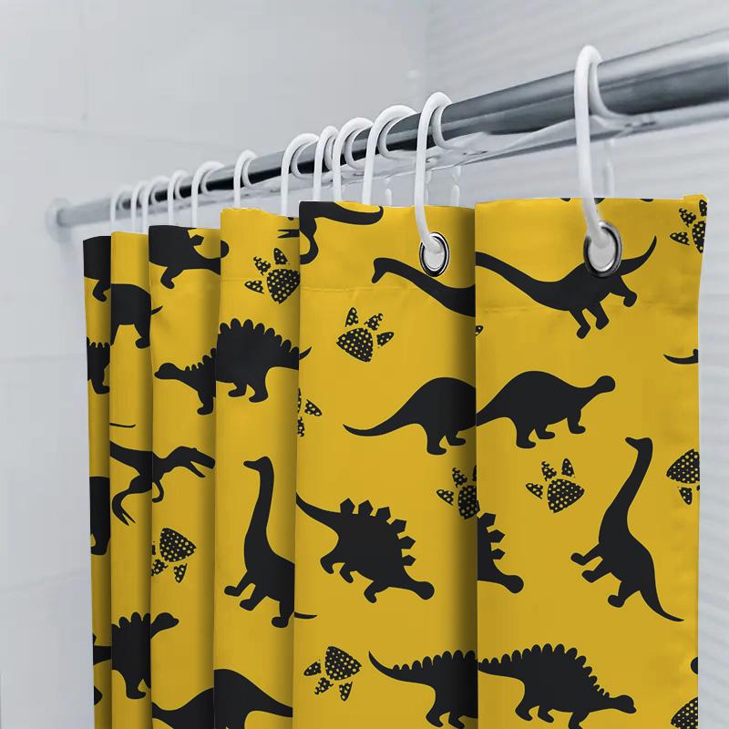 Kinder Cartoon Dinosaurier Duschvorhang Gelber Hintergrund Mit Schwarzen Silhouetten Für Badezimmer Dekor Wasserdichtes Gewebe Anpassbar