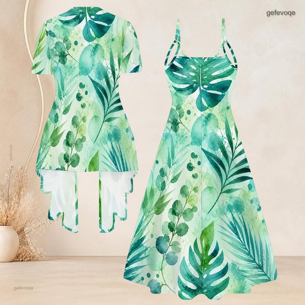 Women Plus Size Two Piece Set Short Sleeve Cardigan Tropical Leaf Printed Strappy V Neck Flared Dress