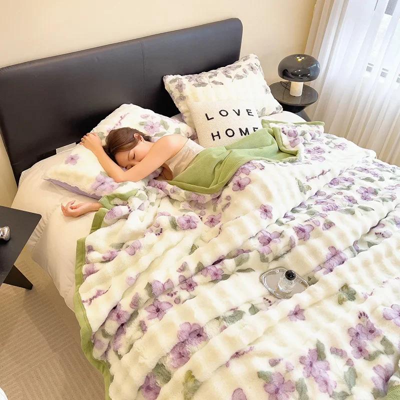 New 600g Big Bubble Rabbit Fur Composite Blanket Milk Fleece Siesta Blanket Double-sided Fleece Sofa Blanket