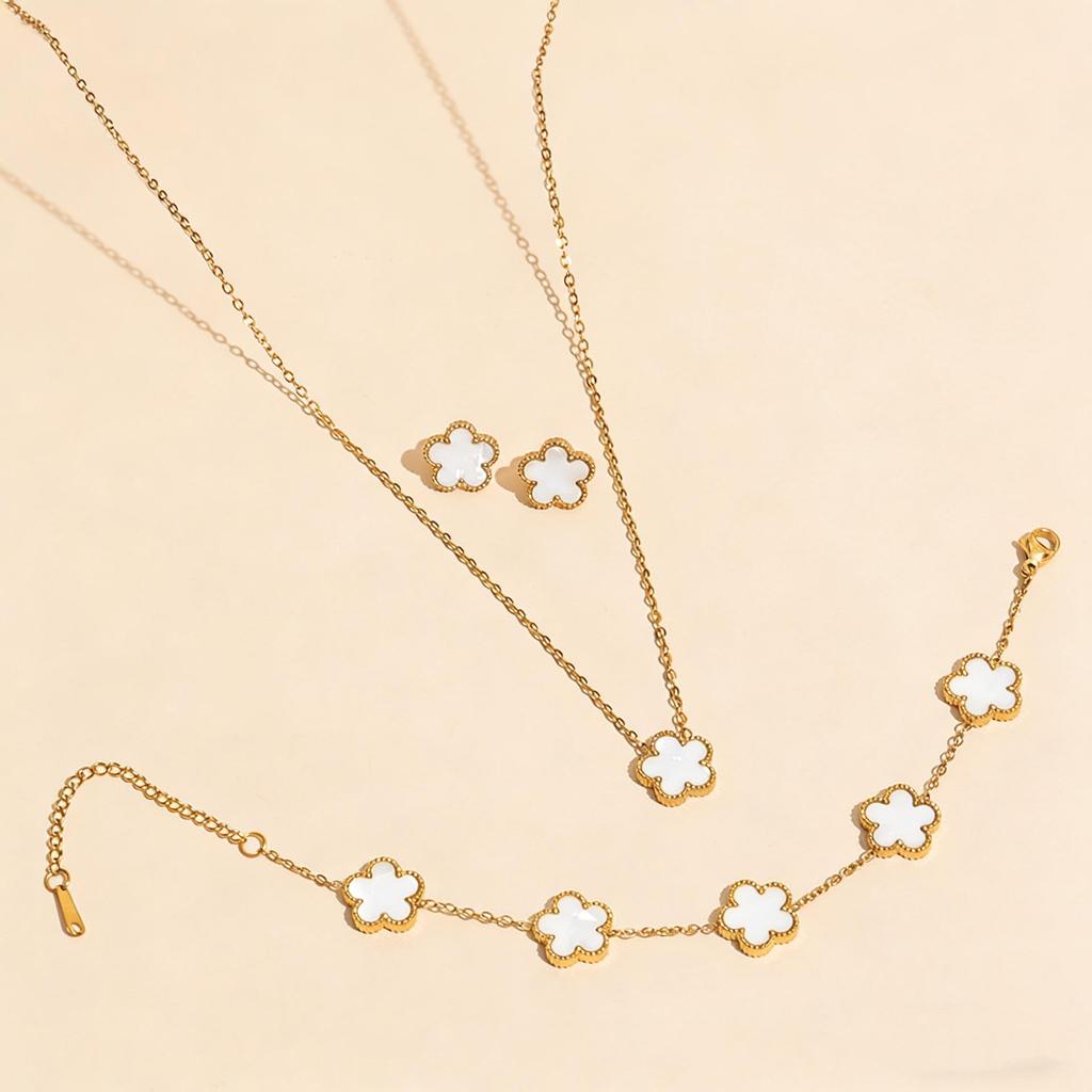 Stylish Lucky Four-Leaf Clover Jewelry Set: Titanium Steel 18K Chain Necklace, Bracelet, Earrings