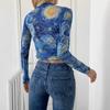 Spring Summer Women's Blue Printed Small Standing Neck Star Mesh Short T-Shirt