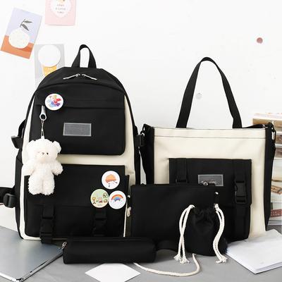 5 Parça Set Okul Çantaları Genç Sırt Çantası Kadın Kızlar Tuval Düz Renk Kadın Genç Öğrenci Okul Çantası