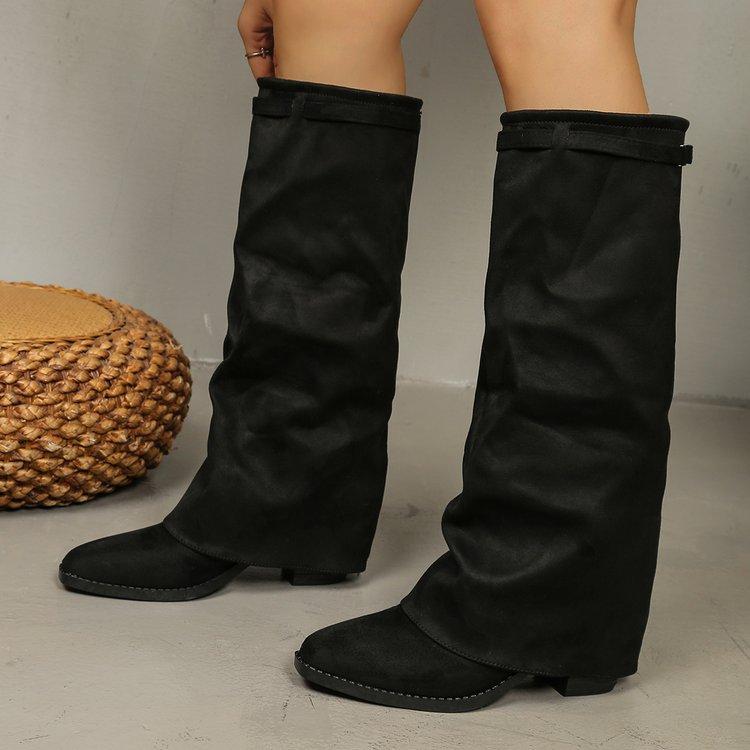 Large size pleated high-heeled fashion boots for women 2025 autumn and winter new thick-heeled British style high-leg pants boots for women