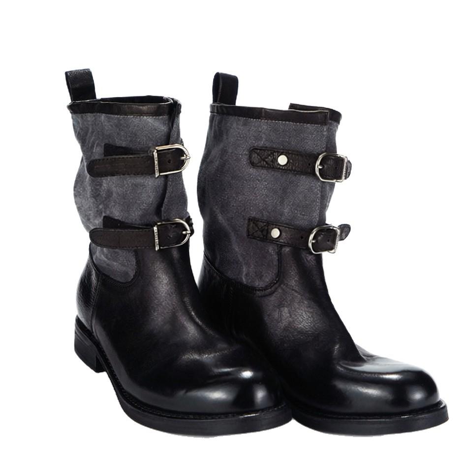 Cowhide version~ Retro belt buckle knight boots thick heel western cowboy boots women's thin boots round head locomotive short boots
