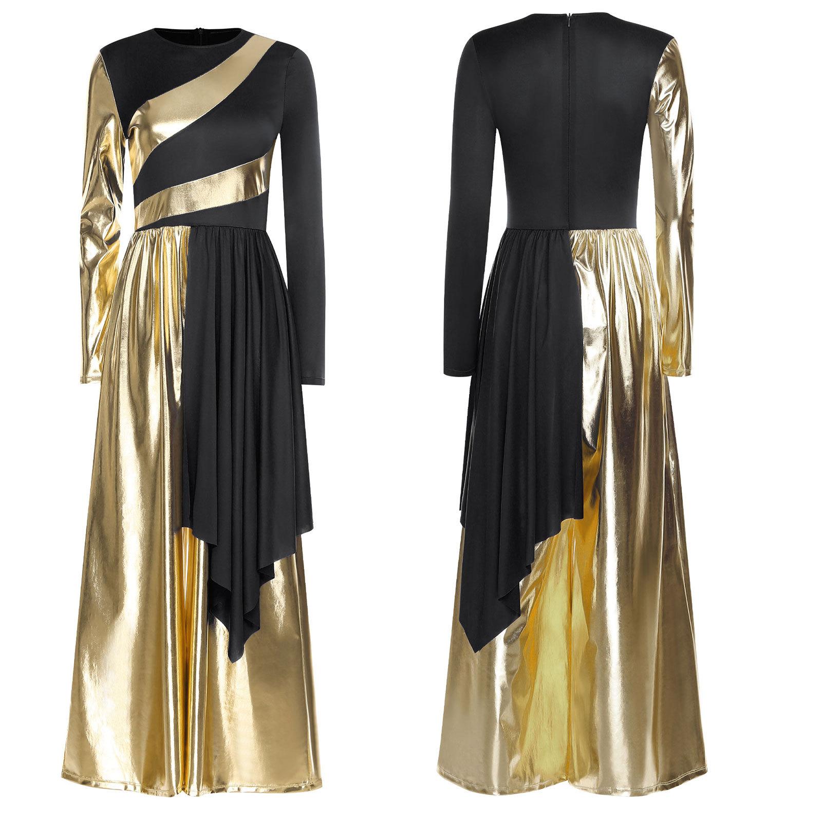 

S-3XL Women‘s Liturgical Praise Dance Jumpsuit: Metallic Color Block Patchwork with Dramatic Drape & Wide-Leg Silhouette S чорний
