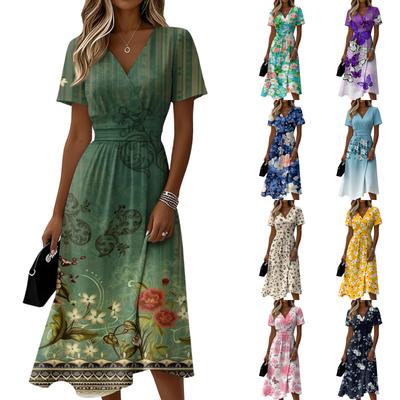 Women’s Short Sleeve V Neck Midi Dress with Floral Print and Elastic Waist Casual A Line Summer Dress for Daily Wear