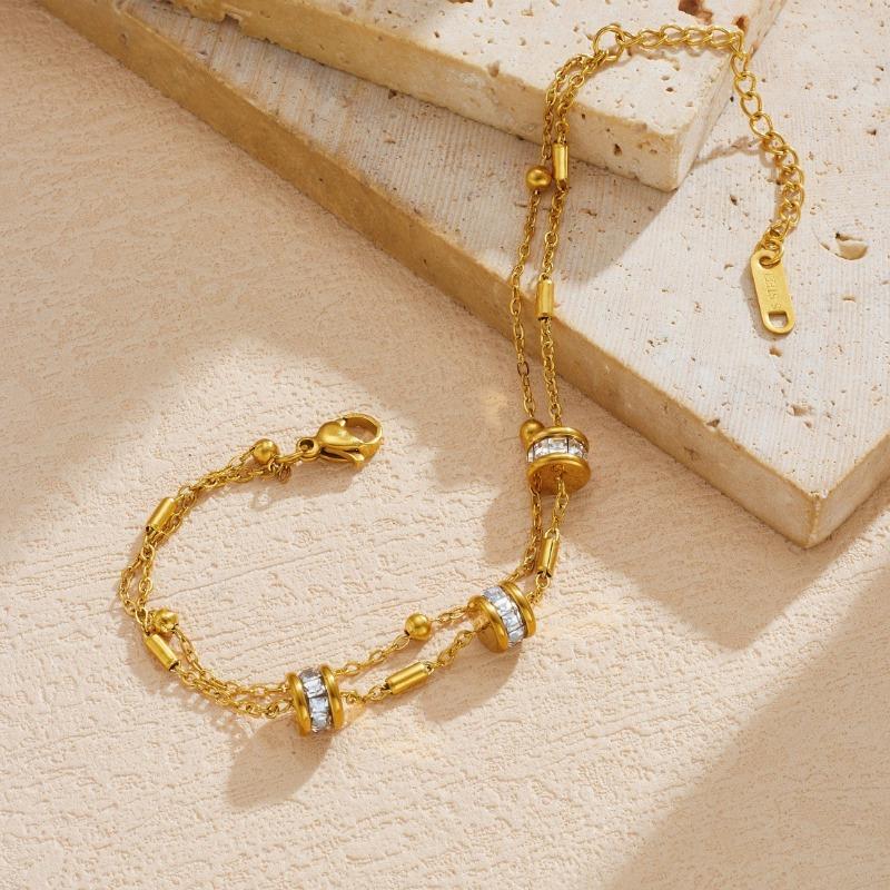Gold Stainless Steel Cz Pave Cylinder Charm Double Chain Bracelet