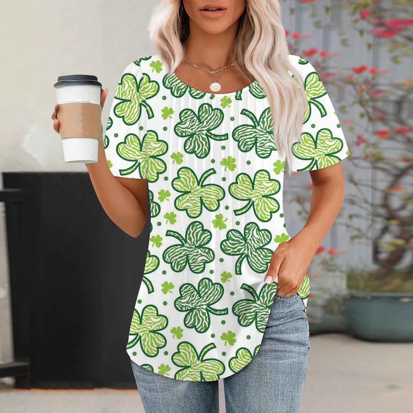 

Жіноча модна повсякденна плісирована кругла горловина St. Футболка з короткими рукавами з принтом до Дня Святого Патрика S