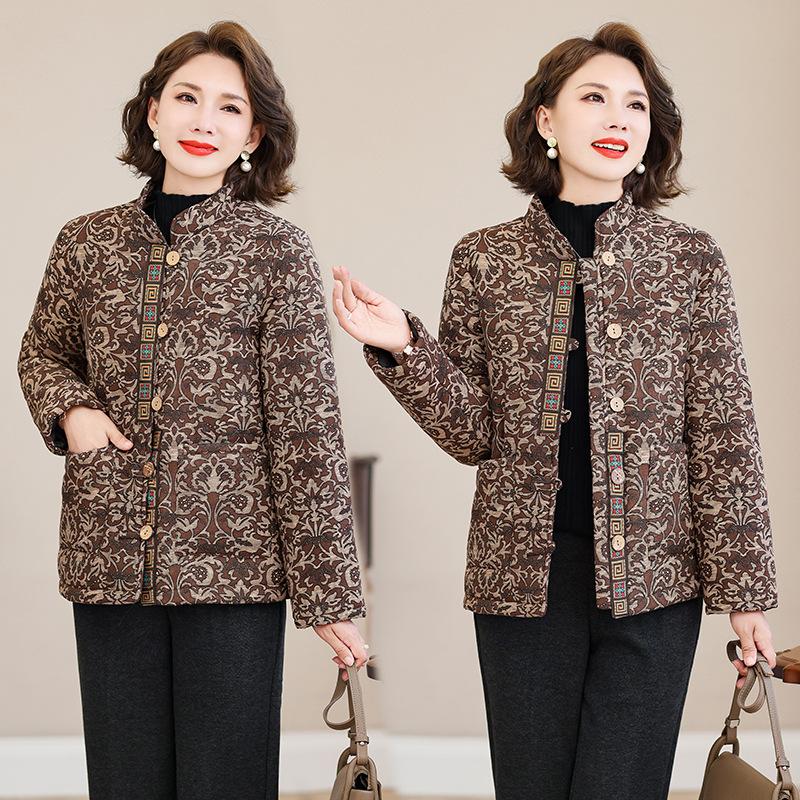 2025 Fall/Winter Fleece Thickened Cotton Top Warm Stand Collar Long Sleeve Padded Jacket Vintage Printed Small Jacket Women