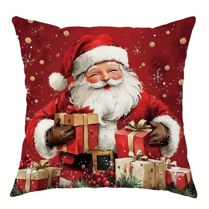 Christmas Pillow Cover, Skin-Friendly, Santa Snowman Wreath Pattern, Holiday Sofa Decor