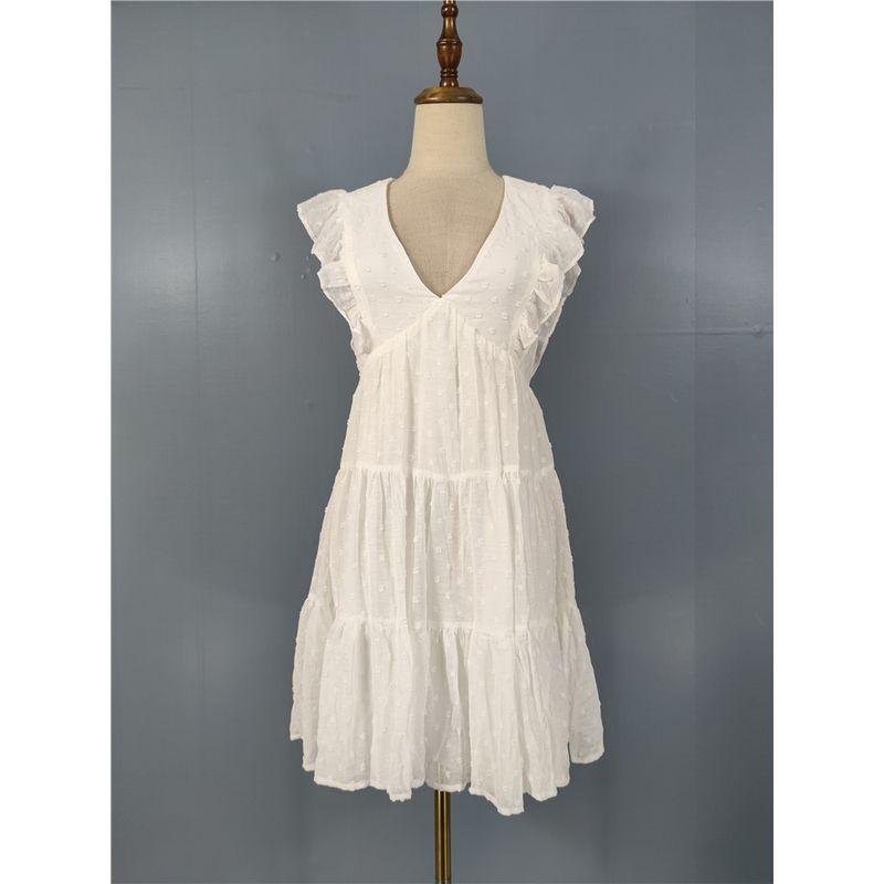 

Foreign Trade Order Lu s Pure White Fairy Deep V Dark Pattern Concave-Convex Feel Frill Flying Sleeves Big Hemline Ins Dress White L